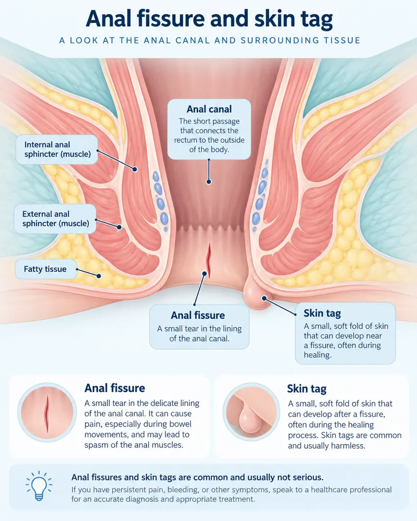 Patient-friendly illustration of anal fissure and associated skin tag