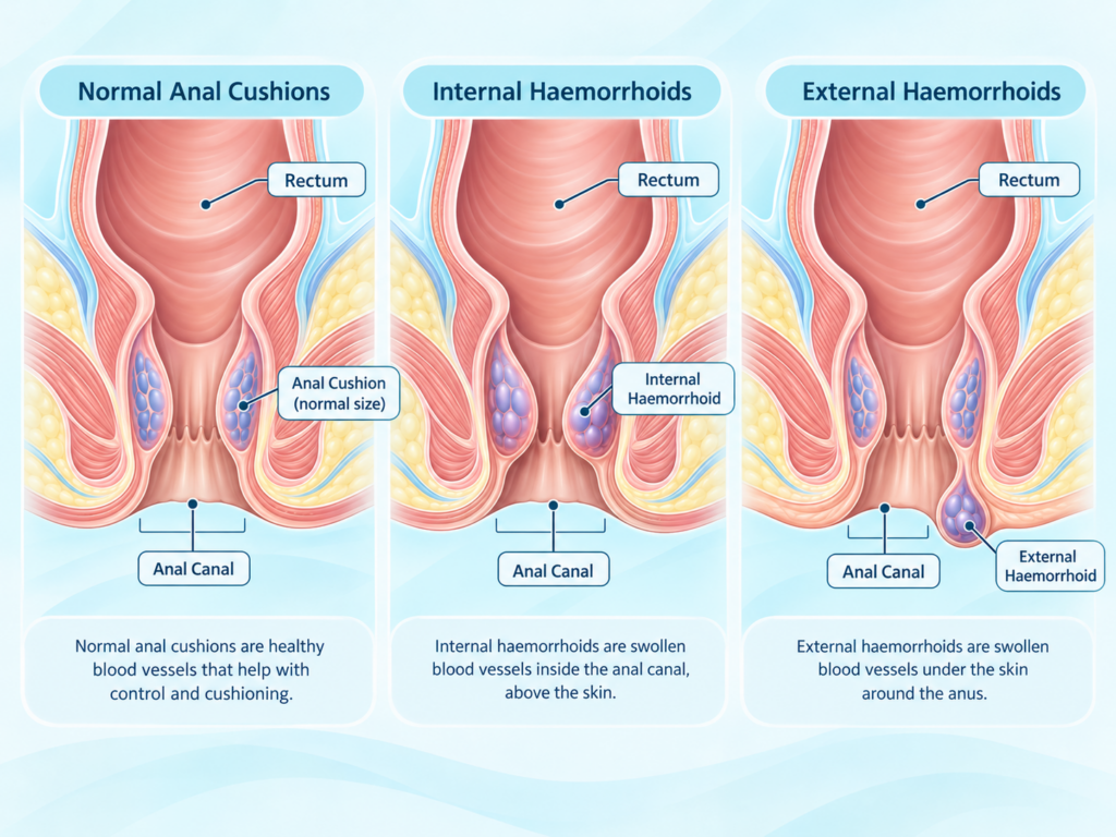 Labelled medical illustration of internal and external haemorrhoids