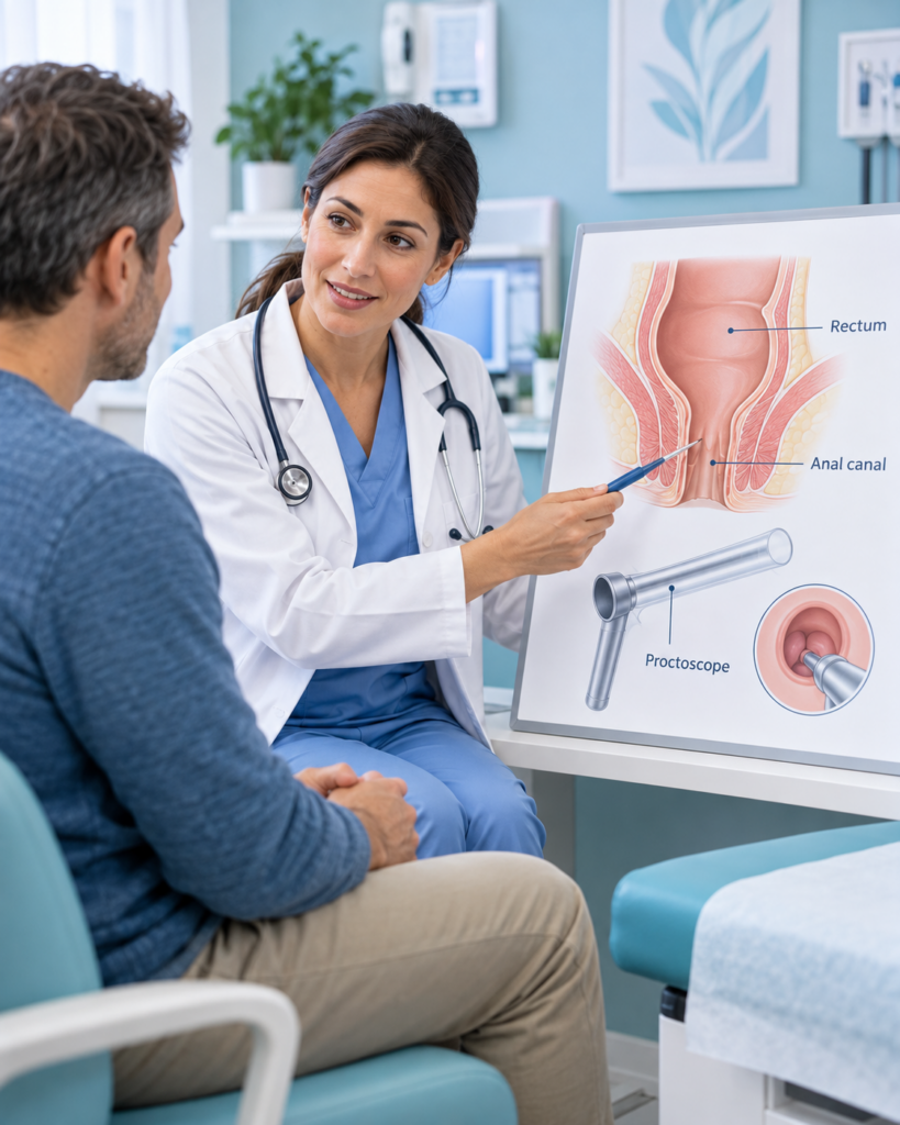 Gentle proctoscopy consultation illustration