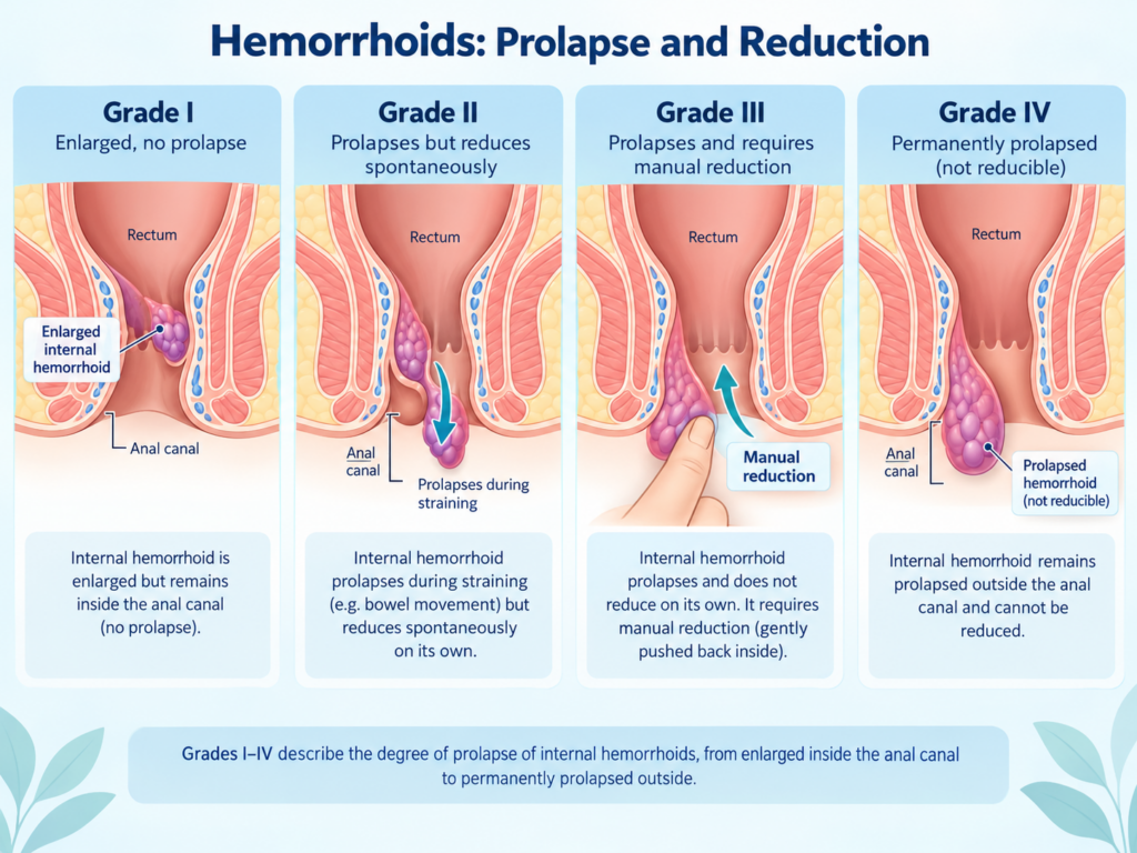 Anatomical illustration of internal haemorrhoids grades one to four