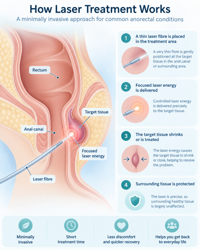 Simplified diagram of laser-assisted anorectal treatment