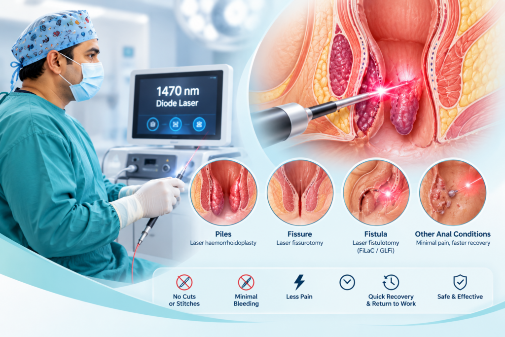 Medical illustration of anorectal assessment and treatment