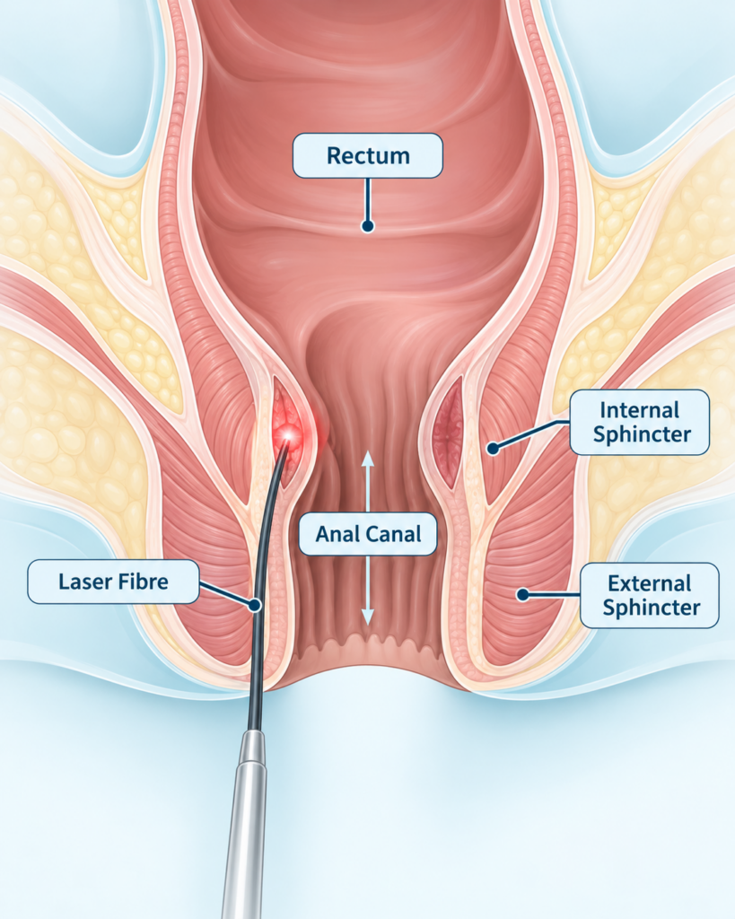 Non-graphic laser proctology medical illustration
