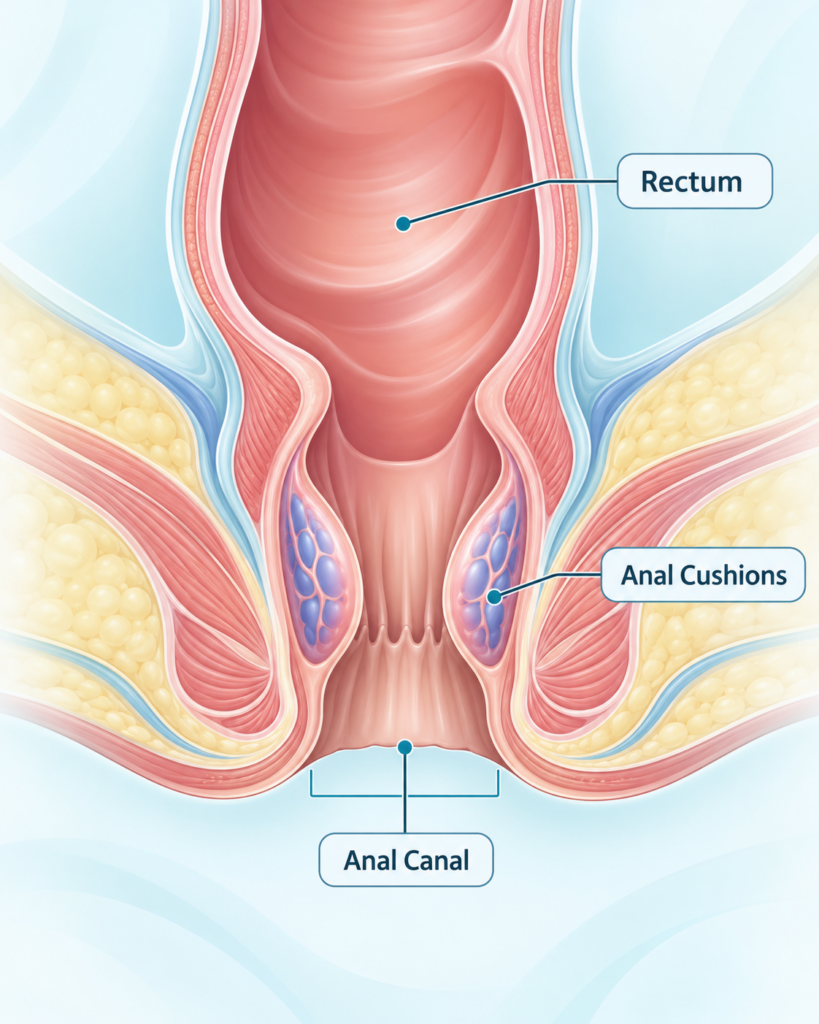 Non-graphic illustration of haemorrhoids and rectum
