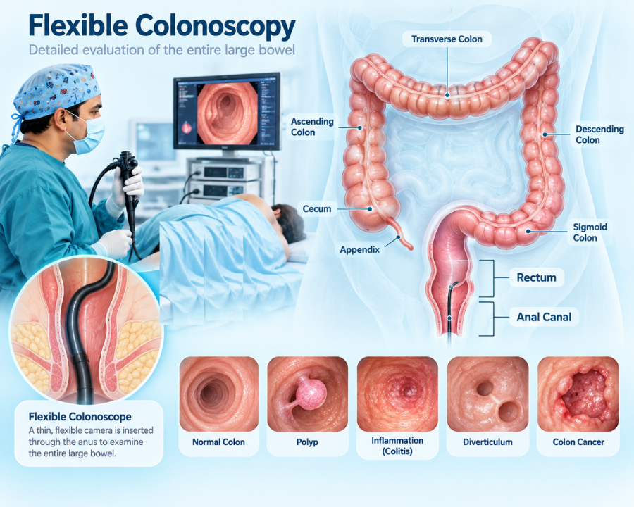 Illustration of colonoscopy examination of the large bowel